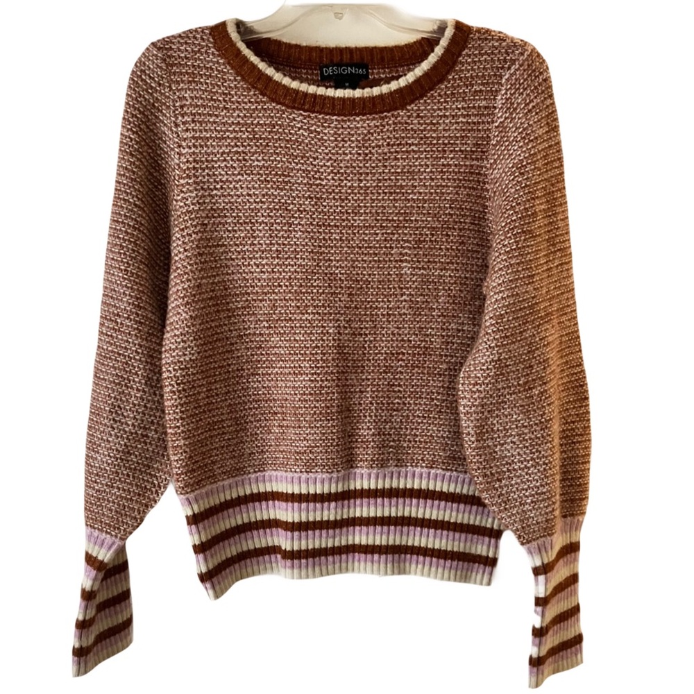 Design365 Sweater, Sz. M, Terracotta/Cream/Lavender, Striped Cuff & Waistband